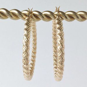 14K Yellow Gold Rope Textured Hoop Earrings 1.5"